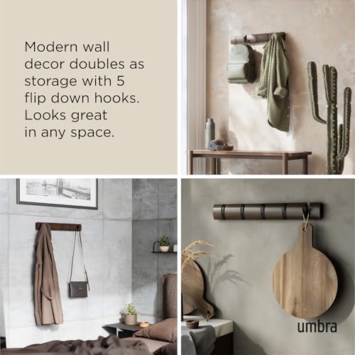 Umbra Flip Coat Rack, Wall Mounted 5-Hook Space Saving, Walnut/Black