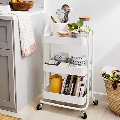 Amazon Basics 3-Tier Rolling Utility Cart, Storage Organizer, Lockable Wheels, Multifunctional Storage, Portable Mobile Shelving Unit, White