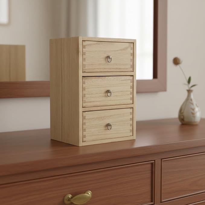 DDYURI Desktop Drawer Organizer Drawers Wooden Box Caddy Office Supplies Storage on Dresser Table 3-Tier Color-Light Brown