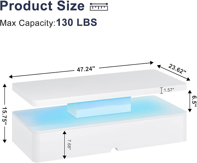 MXV Modern Coffee Table, 47 Inches Coffee Tables with 16 Colors LED Lights, 2 Tier Rectangular Center Table, Large Storage Space, High Glossy Wooden Tea Table for Living Room, Bedroom, Office, White