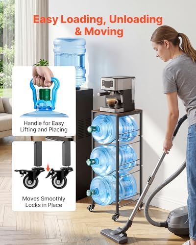 VEVOR Movable 5 Gallon Water Jug Holder for 3 Bottles, 3 or 5 Gallon Water Bottle Holder with Top Shelf, Lockable Casters, Handle, Heavy Duty Jug Rack Organizer for Kitchen, Home, Office, Black+Brown
