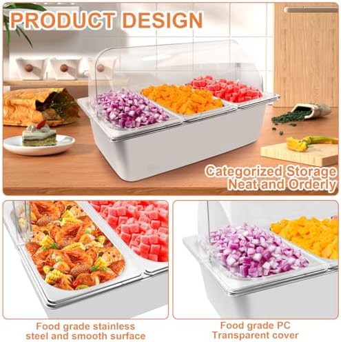 Countertop Food Serving Display Container with Clear Roll Top Cover, Catering Supplies Buffet Display, Perfect Salad Bar Buffet Station for Home and Catering Supplies, Cold Food Buffet Server(3 Pan)
