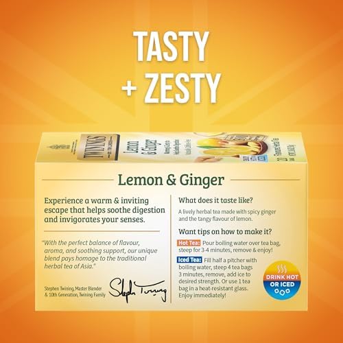 Twinings Lemon & Ginger Herbal Tea Individually Wrapped Bags, 20 Count (Pack of 6), Tangy Lemon, Spicy Ginger, Naturally Caffeine-Free, Enjoy Hot or Iced, 120 Teabags