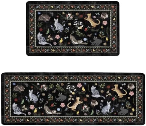 Ghost Black Cat Halloween Kitchen Rugs and Mats Set of 2, (17"x47"+17"x30") Gothic Cute Spooky Season Pumpkin Trick Or Treat Non Skid Washable Runner Rugs for Home Decor Decorations and Accessories