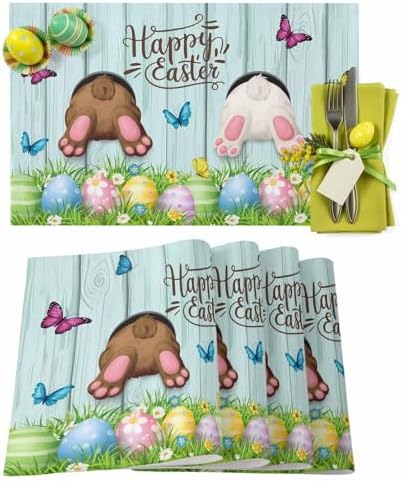 Spring Easter Placemats Set of 6, Funny Bunny Tails Rabbit Heat Resistant Washable Dining Table Mats Floral Farmhouse Decor for Kitchen&Table Linens Outdoor IndoorOutdoor Indoor