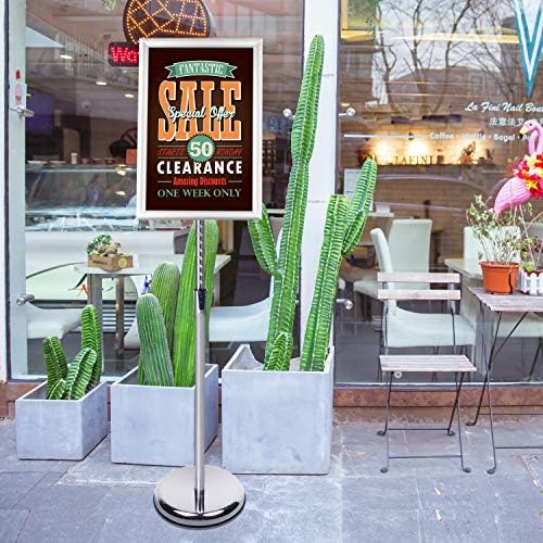 DISPLAYSWORKER Adjustable Poster Sign Stand,Floor-Standing Sign Holder with Heavy Duty Pedestal,for school hospital church shopping mall Silver 11 x 17inch
