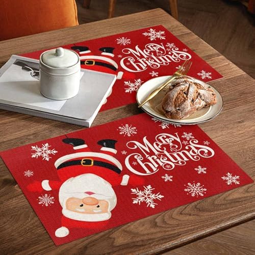 Red Merry Christmas Placemats Set of 6, Funny Hanging Santa Heat Resistant Washable Table Place Mats Snow Winter Holiday Cotton Table Linens Party Holiday Decor for Kitchen Dining Outdoor Indoor