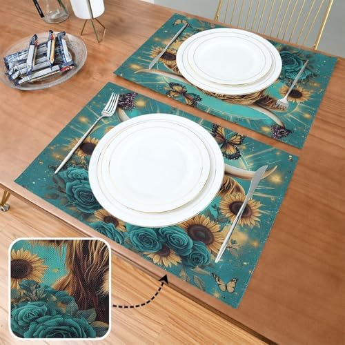 ALAZA Highland Cow Butterfly Rose 1 PC Placemats Rectangle Table Mat for Dining Table Restaurant Kitchen Home Decor, 12" x 18"