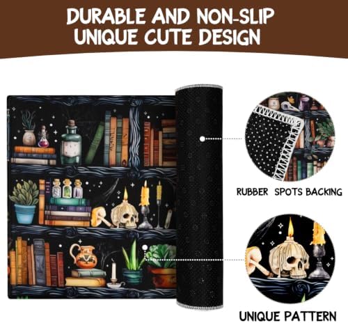 Witches Bookshelf Halloween Kitchen Rugs and Mats Set of 2, (17"x47"+17"x30") Gothic Cute Spooky Season Skulls Black Cat Potions Non Skid Washable Runner Rug for Home Decor Decorations and Accessories