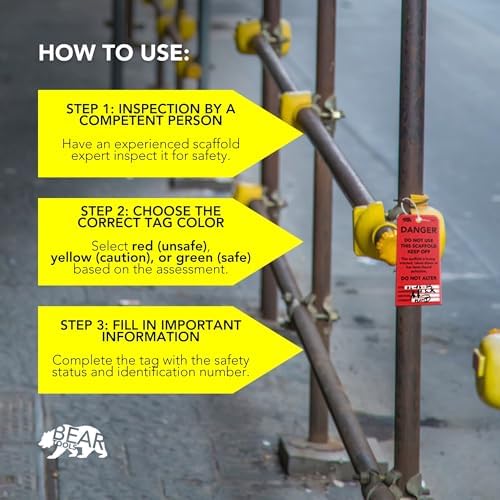 BearTOOLS Scaffold Tags - Safety Inspection Kit with Cable Ties - Danger Scaffold Status Warning Sign - Laminated 3 x 6 in, Pack of 25 - Weatherproof, Tear-Resistant - Red Tags