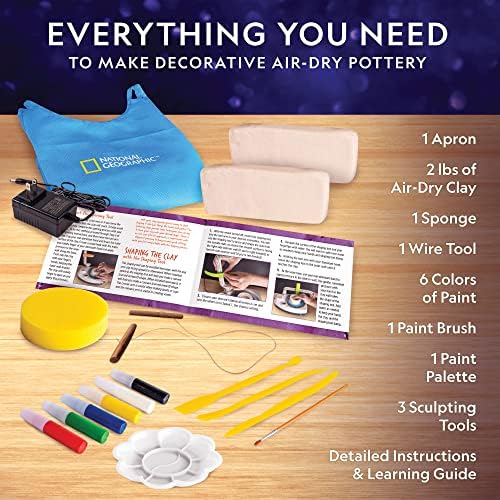 National Geographic Deluxe Pottery Wheel Complete Starter Kit for Kids | Plug-In Motor, 3 Lbs. Air-Dry Clay, Patented Arm Tool, Sculpting Tools, Gemstone Chips, Paints, Creative Birthday Gift