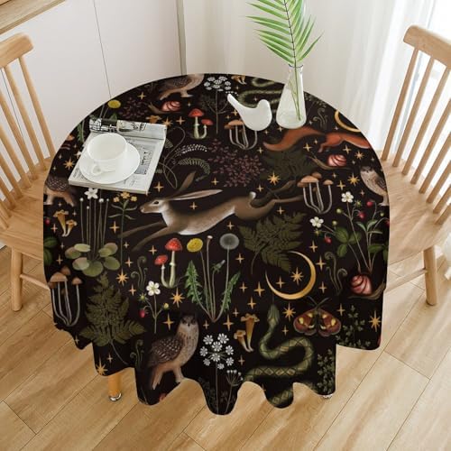 Rustic Forest Tablecloth, Fairy Tale Forest Woodland Wild Animals Moths Flowers Moon Star Table Cover for Home Kitchen Dining Table Party Camping Decor, 60x60in