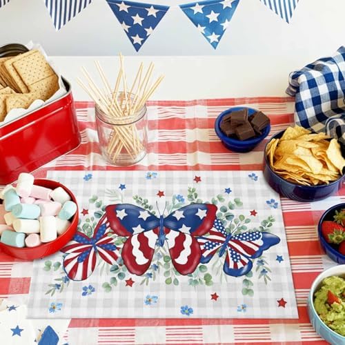 4th of July Placemats Set of 6, Patriotic Star Butterfly Heat Resistant Washable Dining Table Mats Summer Farmhouse Decor for Kitchen&Table Linens Outdoor Indoor, Eucalyptus Leaves Grey Buffalo Plaid