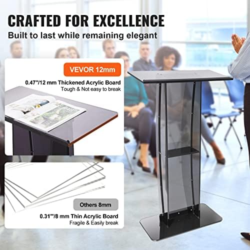 VEVOR Acrylic Podium, 47" Acrylic Podium Stand with Wide Reading Surface & Storage Shelf, Floor-Standing Clear Pulpits Acrylic for Church Office School, Black