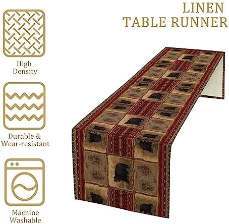 Rustic Bear Table Runner, Retro Vintage Bear Country Cabin Cottage Pine Tree Dinner Table Decoration for Home Kitchen Dining 13"x36"