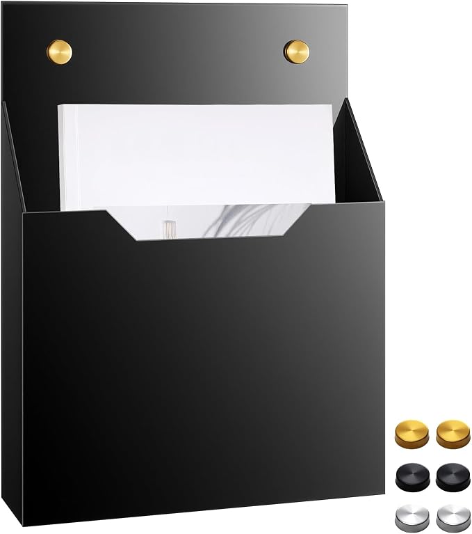 Feifeiya 1 Pack 12.6"x9.5"x2.4" Black Acrylic Wall File Holder Organizer Wall Mount Magazine Document Brochure Mail Pocket Durable File Storage with 3 Colors Screw Cap for Office Home Waiting Room Use