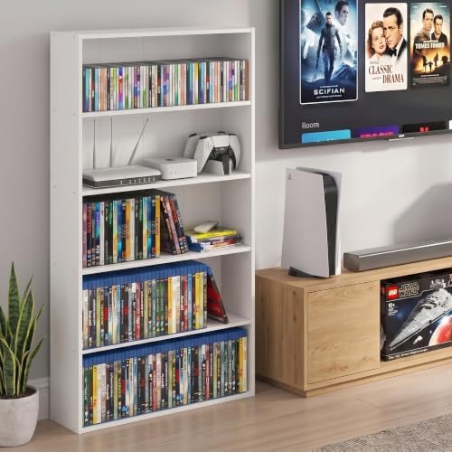 Furinno Basic DVD Shelf, 5-Tier CD Rack, Cube Storage, White | 7 x 24 x 44, Open Shelf for DVD Blueray Game Disc, Organizer Media Shelf, for Living Room, Bedroom, Home Office
