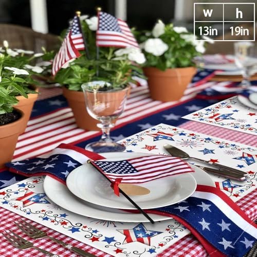 4th of July Placemats, Patriotic Stars Fireworks Heat Resistant Washable Dining Table Mats Summer Farmhouse Decor for Kitchen&Table Linens Outdoor Indoor, Red White and Blue American Flag