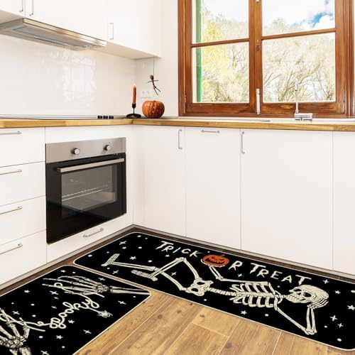 JarThenaAMCS Halloween Kitchen Mats Set of 2, Spooky Skeleton Kitchen Floor Mat Non-Slip Trick or Treat Doormat for Indoor Outdoor Home Party Decor, 17 x 29 & 17 x 47 Inch
