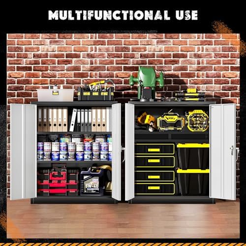 Greenvelly Metal Garage Storage Cabinet, Lockable Metal Cabinets with 2 Doors and Shelves,36” Steel Storage Locking Counter Cabinet for Office,Garage,Kitchen,Home,School(Black Grey)