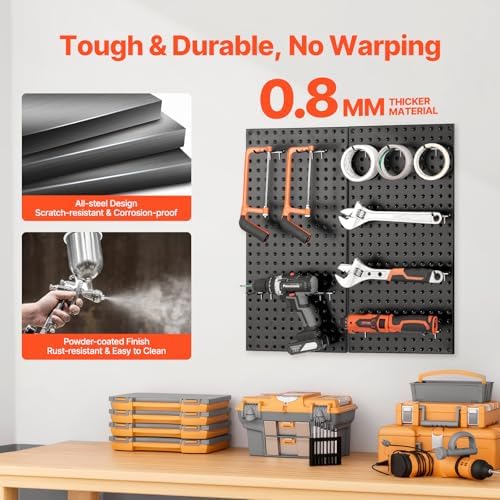 VEVOR Metal Pegboard Panels, 24" x 12" Pegboard, 2 Panels, Heavy Duty Steel Peg Board Wall Organizer, for Living Room Garage Tool Storage Workbench Office Organization Craft Room Kitchen Home, Black