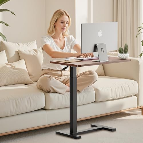 Adjustable Overbed Bedside Table with Wheels, Rolling Laptop Table, Pneumatic Adjustable Hospital & Home Use Bed Table, Mobile Standing Desk, Brown