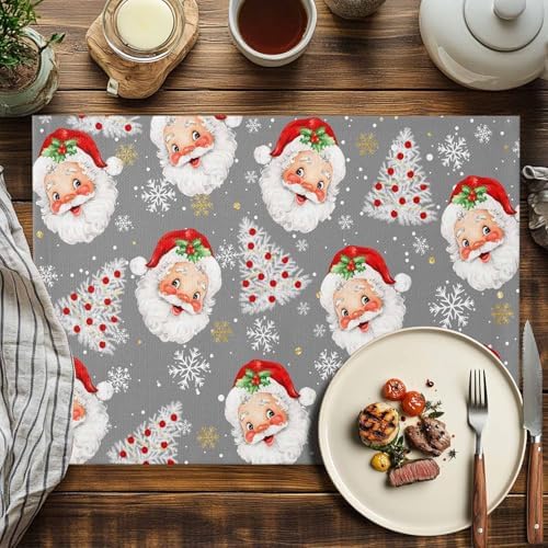 Grey Christmas Placemats Set of 4, Santa Claus Merry Christmas Tree Heat Resistant Washable Table Place Mats Winter Snowflake Cotton Table Linens Party Holiday Decor for Kitchen Dining Outdoor Indoor