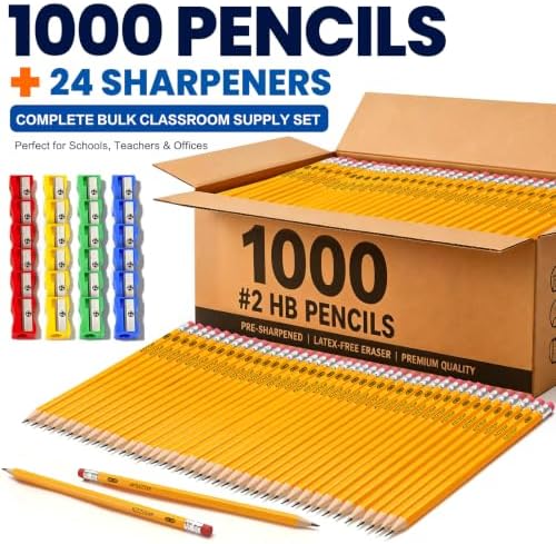 Wood-Cased #2 HB Pencils Bulk Pack 1000 Pencils Pre-Sharpened 24 Sharpeners