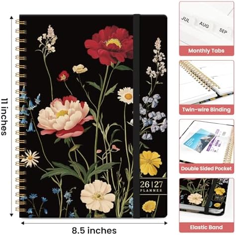 Planner 2026-2027, Jul 2026-Jun 2027 Academic Monthly & Weekly Planner | 8.5" x 11" Hardcover Pretty Calendar Planner for Women, Spiral Organizer for School Office Home Supplies, Peony Bloom