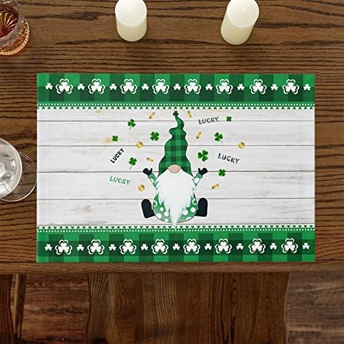St. Patrick's Day Gnomes Clover Placemats Set of 4,Irish Green Buffalo Check Plaid Clover Cotton Linen Heat Resistant Table Mats Washable Spring Holidays Decorations For Kitchen Dining Table