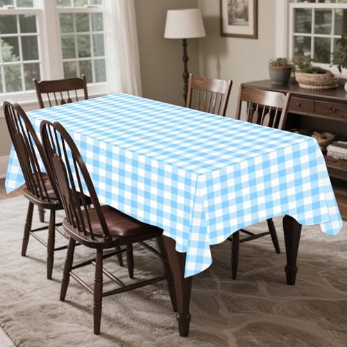 CXPSINC 54 Inch X 300 Feet Plastic Table Cover Roll Disposable Tablecloth with Slide Cutter for All Type/Shape Tables | Party, Banquet, Birthdays, Weddings(Light Blue Checkered, 300 Feet)