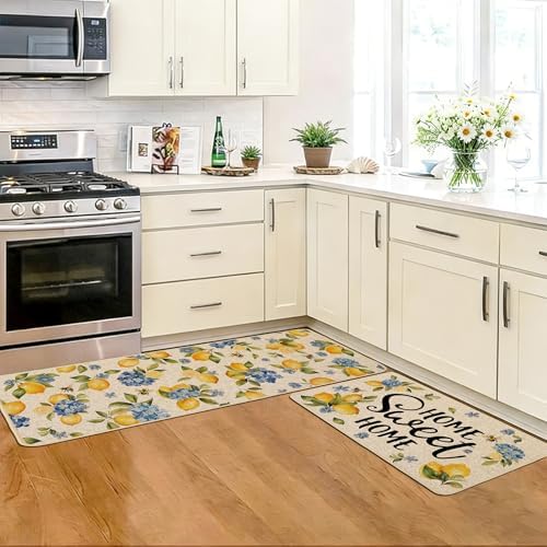 Baccessor Lemon Kitchen Rugs Set of 2, Hydrangea Floral Flowers Kitchen Mats for Spring Summer Floor Hallway Laundry Sink Low-Profile Home Decoration 17x29 and 17x47 Inch