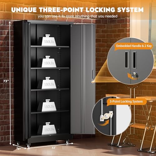Greenvelly 73" Metal Storage Cabinet with Wheels, Lockable Rolling Metal Garage Cabinets with 2 Doors and 4 Adjustable Shelves, Rolling Tool Cabinet for Garage, Home Office, School