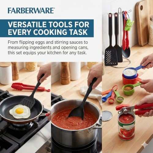 Farberware 17 Piece Kitchen Tool and Gadget Set - Essential Cooking Utensils Set with Turner, Slotted Spoon, Can Opener, Measuring Cups and Spoons - Dishwasher Safe, Non-Stick Safe - Black