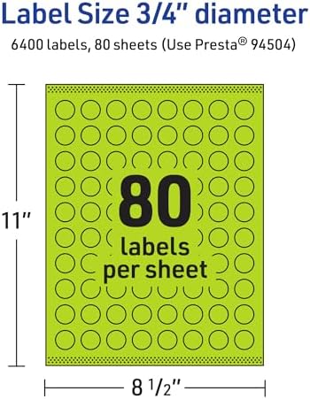Avery Printable Round Labels, Sure Feed Technology, 3/4" Diameter, Bright Green Labels, Print-to-the-Edge, Laser/Inkjet, 6,400 Total, Great for Price Stickers and Mailing Seals