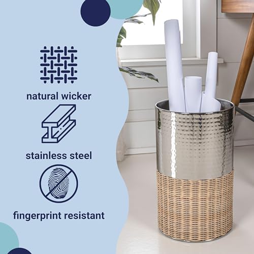 happimess Asher 4.13 Gal Wicker Cylinder Waste Basket, Chrome/Natural
