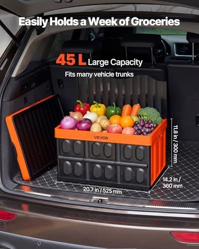 VEVOR Plastic Collapsible Storage Bins with Lids, 45L 3Packs, Stackable Folding Storage Crates with Handles, Holds 44 lbs Per Bin, Heavy Duty Containers, Space-Saving Baskets, for Home Organizing