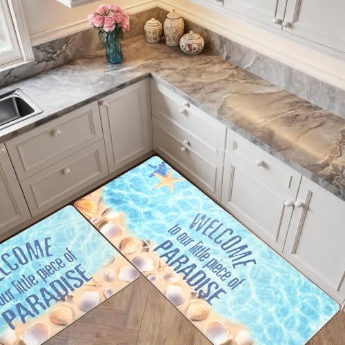 Coatal Beach Theme Kitchen Mats Rugs Set of 2 Anti Fatigue Kitchen Mats for Floor Cushioned Waterproof Non Slip Comfort Standing Mat for Sink Laundry, Ocean Blue