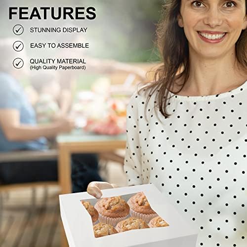MT Products White Cookie Boxes - Size of 8" X 8" X 2.5" - (25 Pieces) Auto Pop-Up Bakery Boxes with Window - Made in the USA
