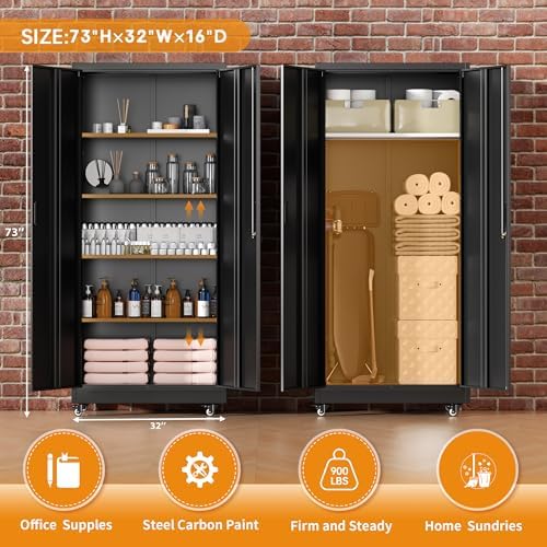 Greenvelly 73" Metal Storage Cabinet with Wheels, Lockable Rolling Metal Garage Cabinets with 2 Doors and 4 Adjustable Shelves, Rolling Tool Cabinet for Garage, Home Office, School