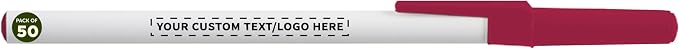 DISCOUNT PROMOS Custom Value Stick Pens Set of 50, Personalized Bulk Pack - Blue Ink, Great for Office, School, Business, Tradeshows, Events - Burgundy Cap