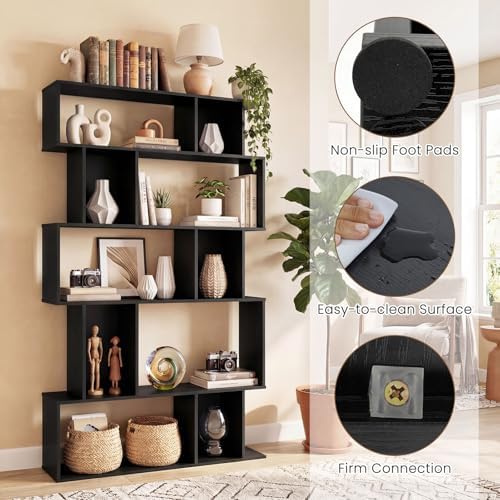 Giantex 5-Tier Bookshelf, 10-Cube Geometric Book Case with 5 Closed-Back Cubbies, Anti-toppling Kits, Open Display Storage Shelf for Living Room, Home Office, Bedroom, Black