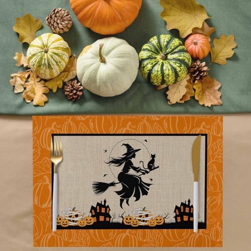 Vandarllin Halloween Fun Placemats Set of 6, Haunted House Witches Cat Pumpkins Cotton Linen Stain Resistant Table Mats Washable Placemat Decoration for Kitchen Dining Table,Scary Movie Nights