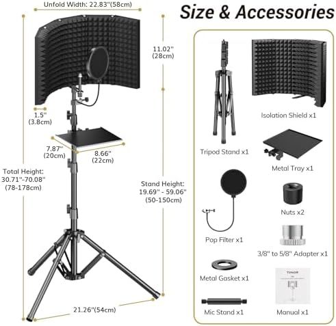 TONOR Isolation Shield Pack for Mic, Acoustic Foam Shield with Pop Filter & Tripod Stand, Foldable Design, Compatible with Blue Yeti, AT2020, Recording, Podcasts, Singing, Max 70 inch, Stand Included