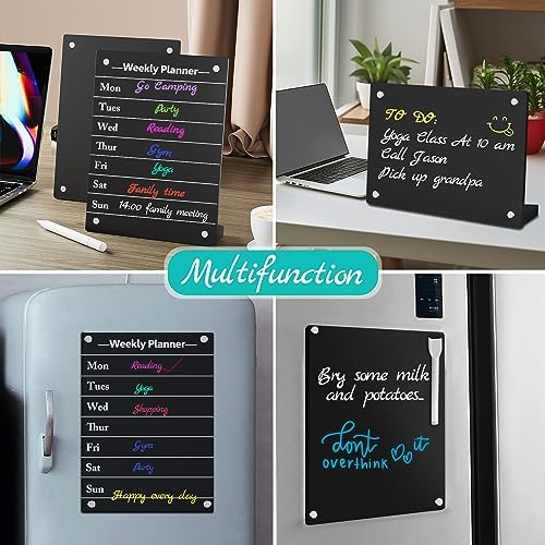 2PCS Black Acrylic Weekly Dry Erase Board with Stand for Desk, 12x8 Small Desktop Whiteboard Magnetic Fridge Calendar Memo Board, Daily Planner Blackboard Easel for Office, School