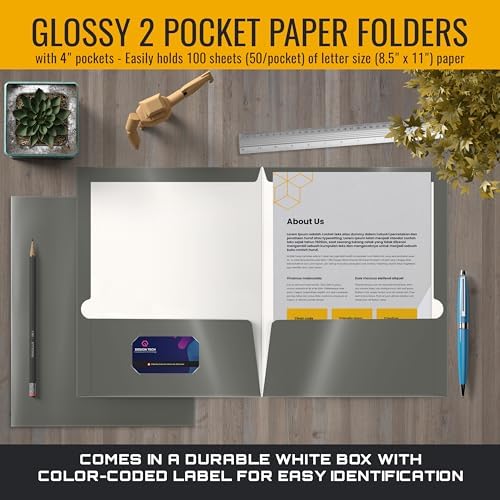Better Office Products 2 Pocket Glossy Laminated Gray Paper Folders, Box of 25, Letter Size, Gray Paper Portfolios, 25 Pack