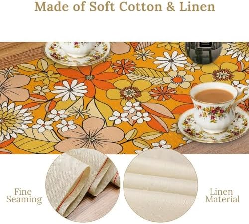 Floral Table Runner Retro 70s Hippie Daisy Flower Peace Love Birthday Party Retro Kitchen Dinning Home Decoration 13x70 Inch