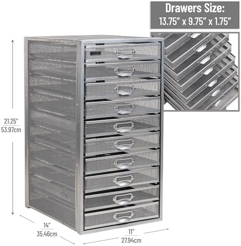 Mind Reader 10-Drawer Desk Organizer for Office Supplies, Crafts, Mail Sorting & More, Metal Mesh, Silver