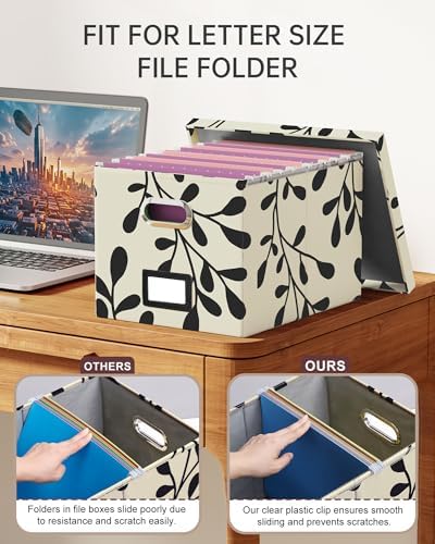 Oterri File Organizer with Lid, File Box, File Cabinet for Letter File Folder Storage, Hanging File Organizer for Office/Decor/Home,Document Organizer, 1 Pack,Leaf Black/Cream-Box Only