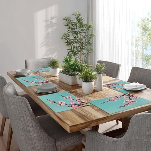 Batmerry Shabby Chic Cherry Blossom Linen Placemats Set of 4, Artistic Floral Illustration Washable Table Mats for Kitchen Table Thickened Heat Insulation Dining Set Indoor Outdoor 12X18 in